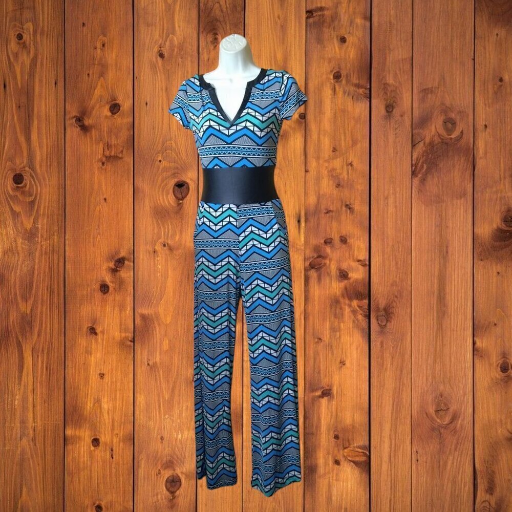 Diosa Size Small Geometric Jumpsuit V-Neck Wide Leg Stretch Boho Hippie Retro